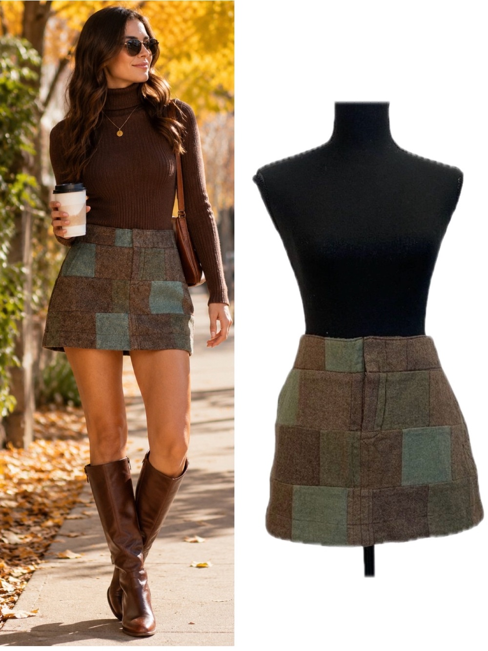 AMERICAN Eagle brown green wool patchwork square print mini skirt Sz 10